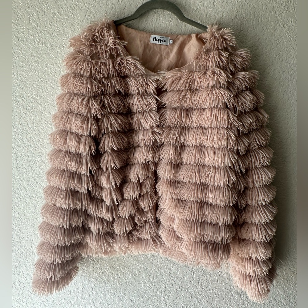 Military Hippie Blush Pink Shag Fringe Jacket Boho Size L